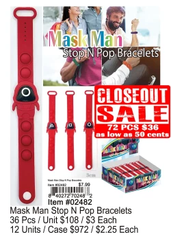 Mask Man Stop N Pop Bracelets - Closeout 72 Pcs.